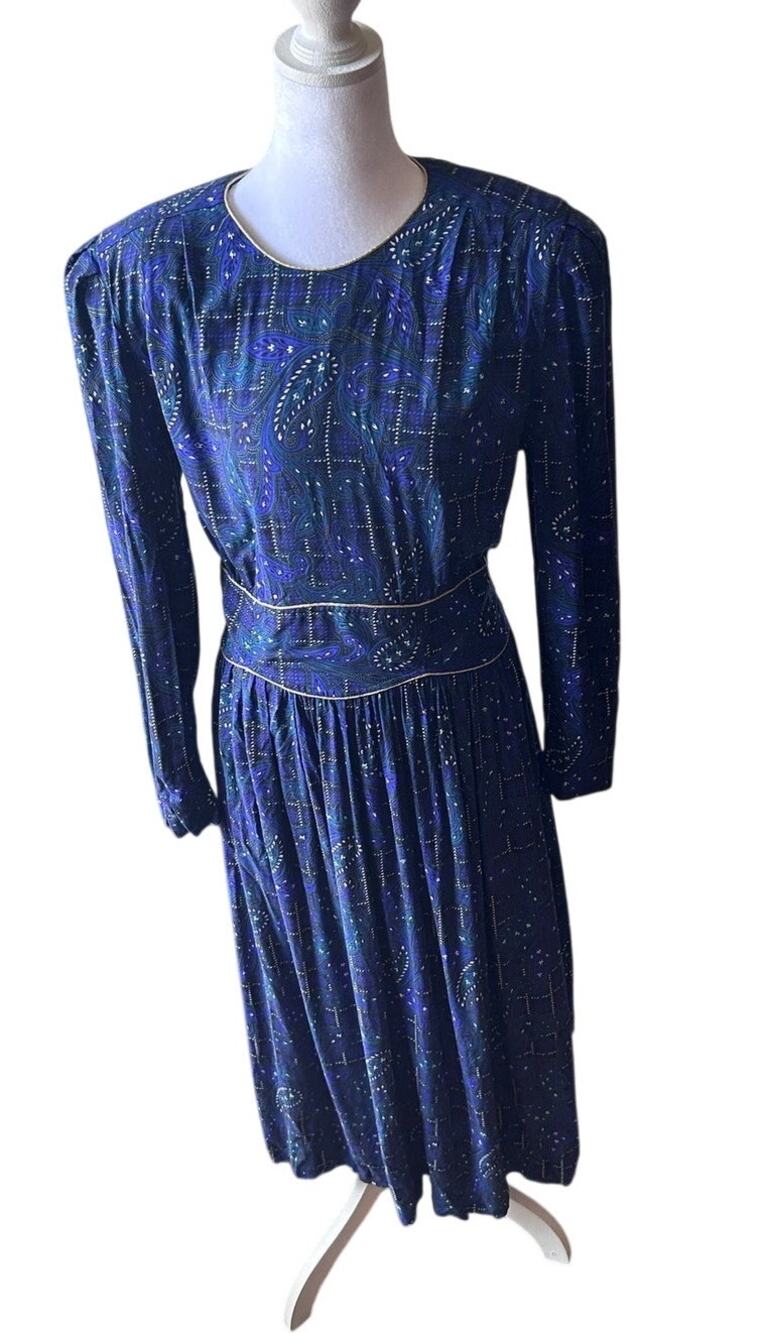 Vintage Karin Stevens Size 12 Paisley Midi Dress with Shoulder Pads Rayon